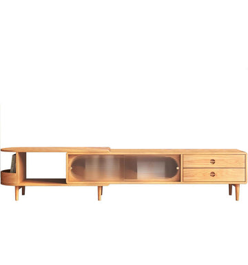 WEHOMZ Burlywood Extendable TV Stand with Sliding Glass Doors & Solid Wood Media Console